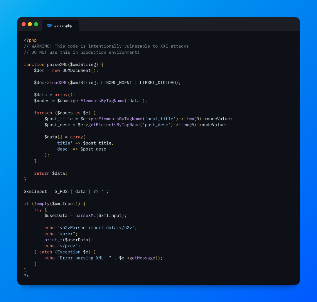 Simple vulnerable code snippet case featuring an XML external entity (XXE) injection vulnerability